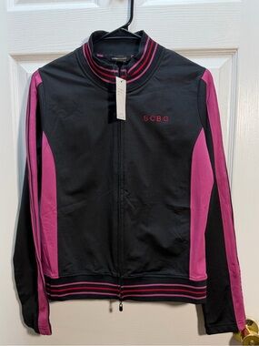 BCBG Black & Magenta Panel Zip-Up Varsity Jacket